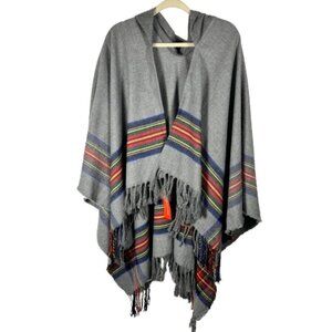 Urban Coco Womens Hooded Shawl Wrap Poncho One Size Gray‎ Plaid Fringe Cozy